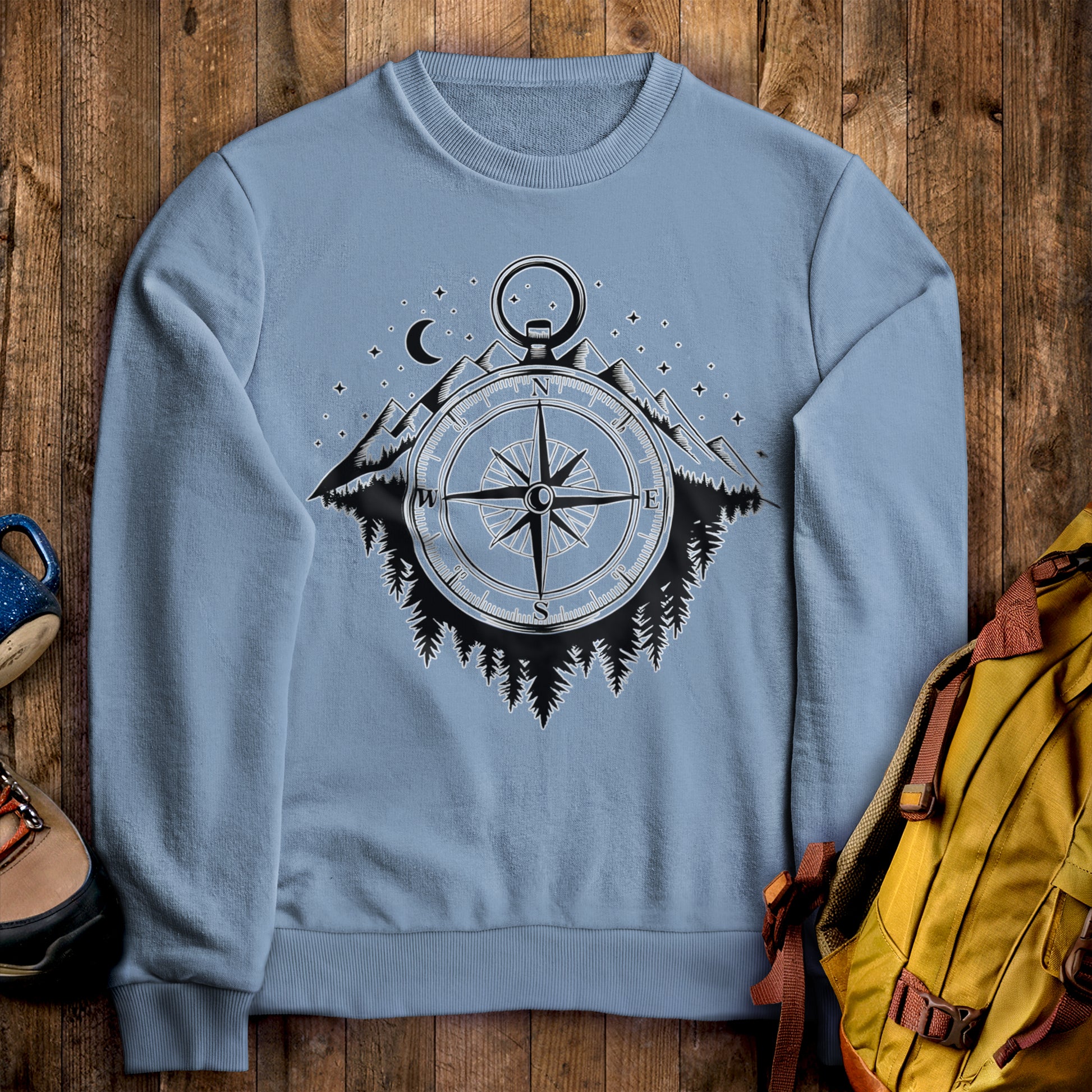 Navigate the Mountains Crewneck Sweatshirt Stone Blue Adventure and Outdoors Themed Sweatshirt