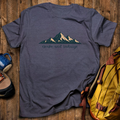 Escape and Recharge T-Shirt Heather Navy Adventure and Outdoors Themed T-Shirt