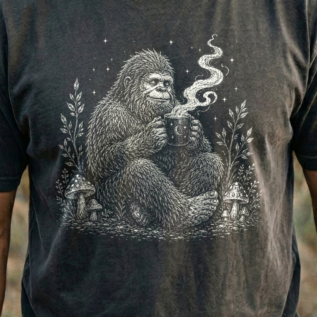 Sasquatch Drinking Coffee Cotton T-Shirt