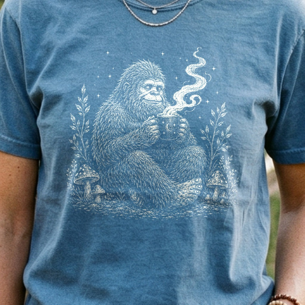 Sasquatch Drinking Coffee Cotton T-Shirt