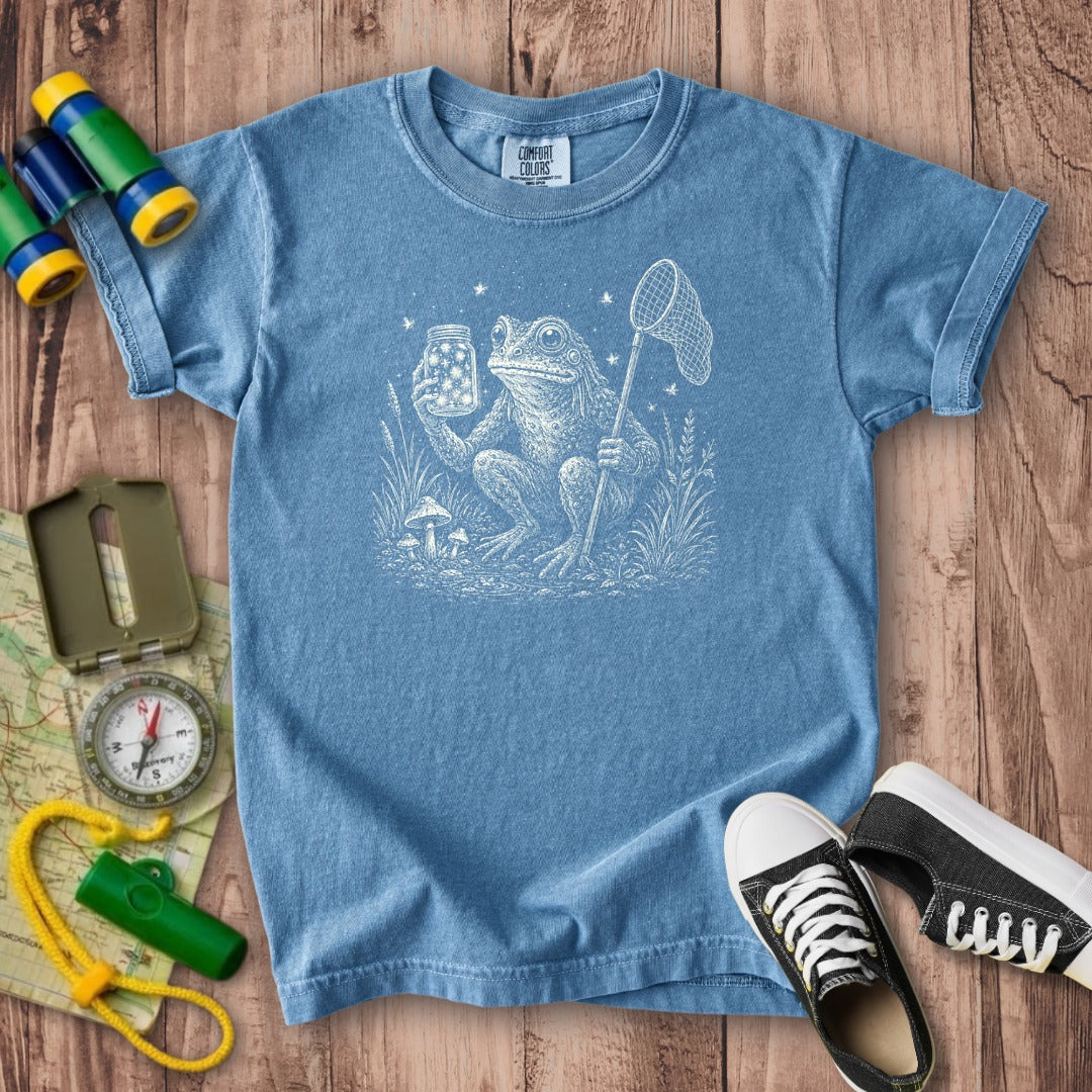 Frogman Catching Fireflies Kids Cotton T-Shirt