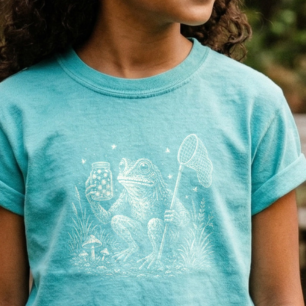 Frogman Catching Fireflies Kids Cotton T-Shirt