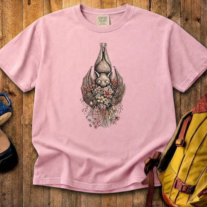 Hanging Bat Holding Flowers Cotton T-Shirt