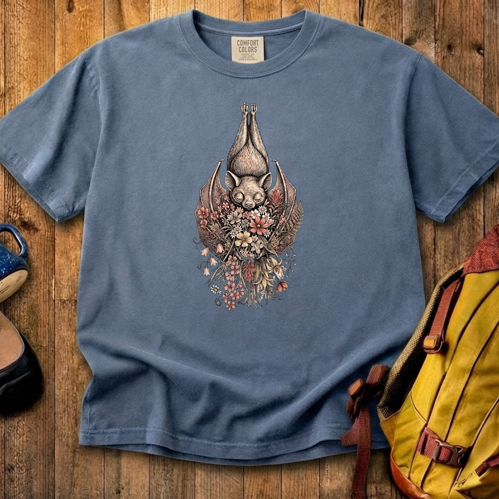 Hanging Bat Holding Flowers Cotton T-Shirt