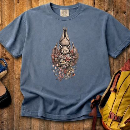 Hanging Bat Holding Flowers Cotton T-Shirt