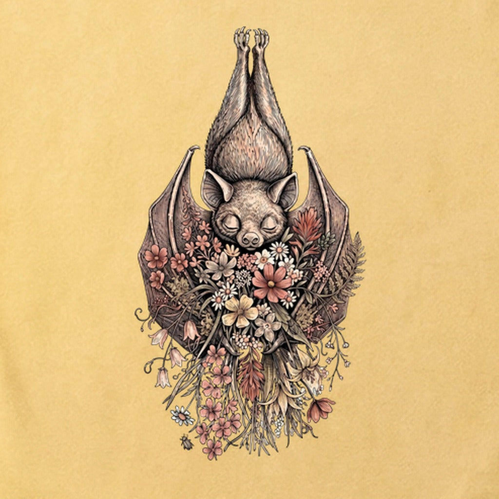 Hanging Bat Holding Flowers Cotton T-Shirt