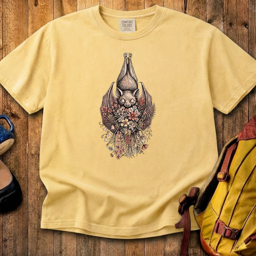 Hanging Bat Holding Flowers Cotton T-Shirt