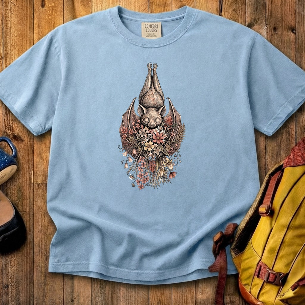Hanging Bat Holding Flowers Cotton T-Shirt