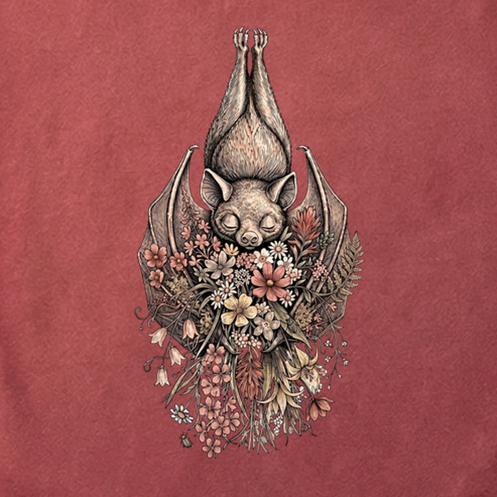 Hanging Bat Holding Flowers Cotton T-Shirt