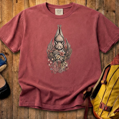 Hanging Bat Holding Flowers Cotton T-Shirt