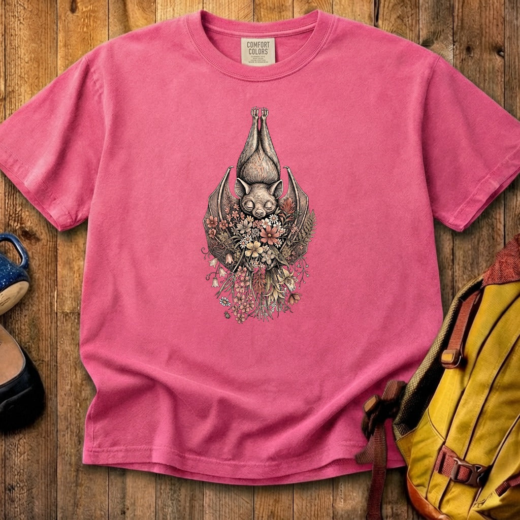Hanging Bat Holding Flowers Cotton T-Shirt