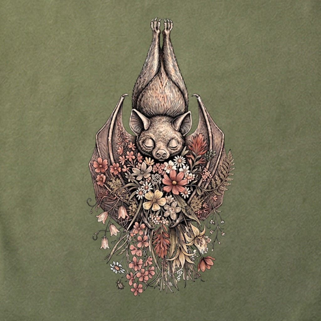 Hanging Bat Holding Flowers Cotton T-Shirt