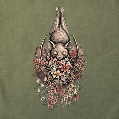 Hanging Bat Holding Flowers Cotton T-Shirt