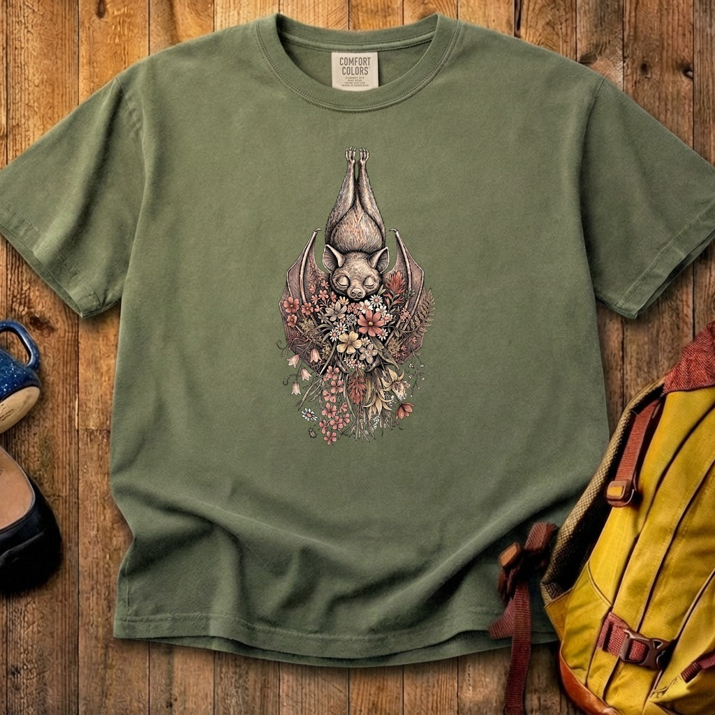 Hanging Bat Holding Flowers Cotton T-Shirt