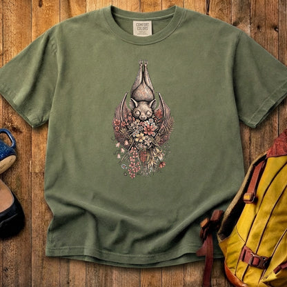 Hanging Bat Holding Flowers Cotton T-Shirt