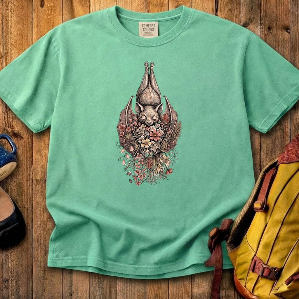 Hanging Bat Holding Flowers Cotton T-Shirt