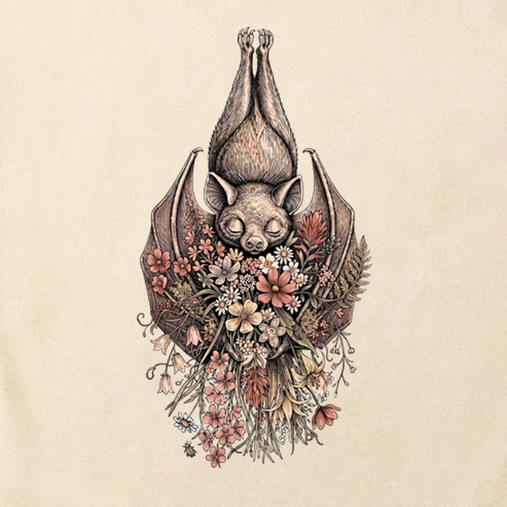 Hanging Bat Holding Flowers Cotton T-Shirt