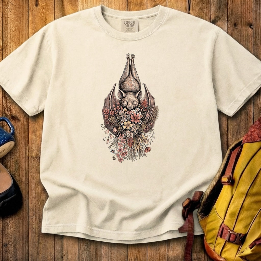 Hanging Bat Holding Flowers Cotton T-Shirt