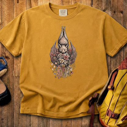 Hanging Bat Holding Flowers Cotton T-Shirt