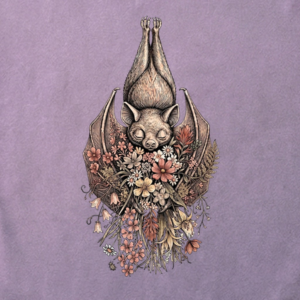 Hanging Bat Holding Flowers Cotton T-Shirt