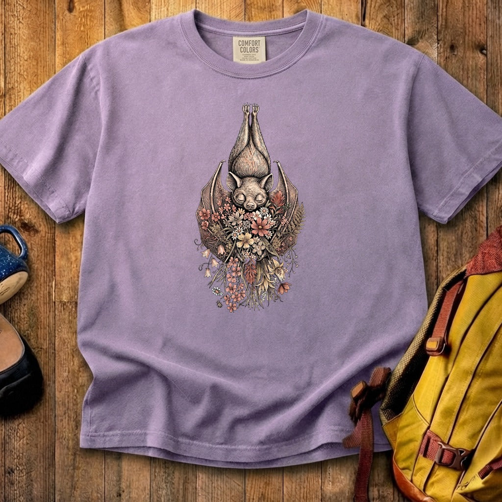 Hanging Bat Holding Flowers Cotton T-Shirt