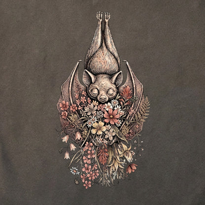 Hanging Bat Holding Flowers Cotton T-Shirt