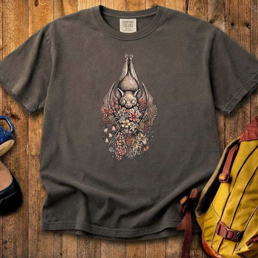 Hanging Bat Holding Flowers Cotton T-Shirt