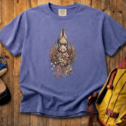 Hanging Bat Holding Flowers Cotton T-Shirt