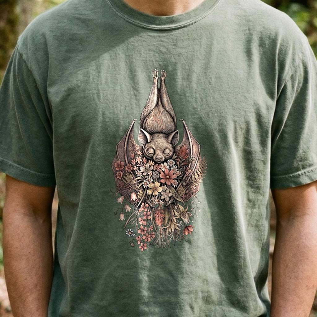 Hanging Bat Holding Flowers Cotton T-Shirt