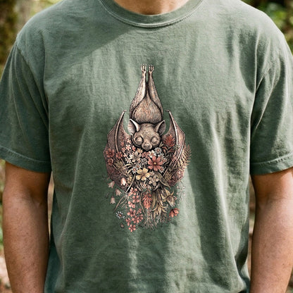 Hanging Bat Holding Flowers Cotton T-Shirt