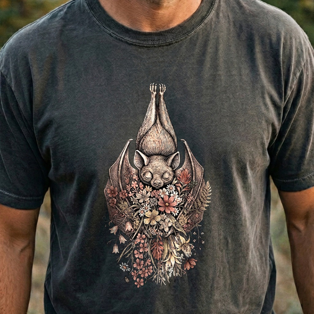 Hanging Bat Holding Flowers Cotton T-Shirt
