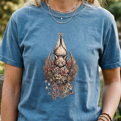 Hanging Bat Holding Flowers Cotton T-Shirt