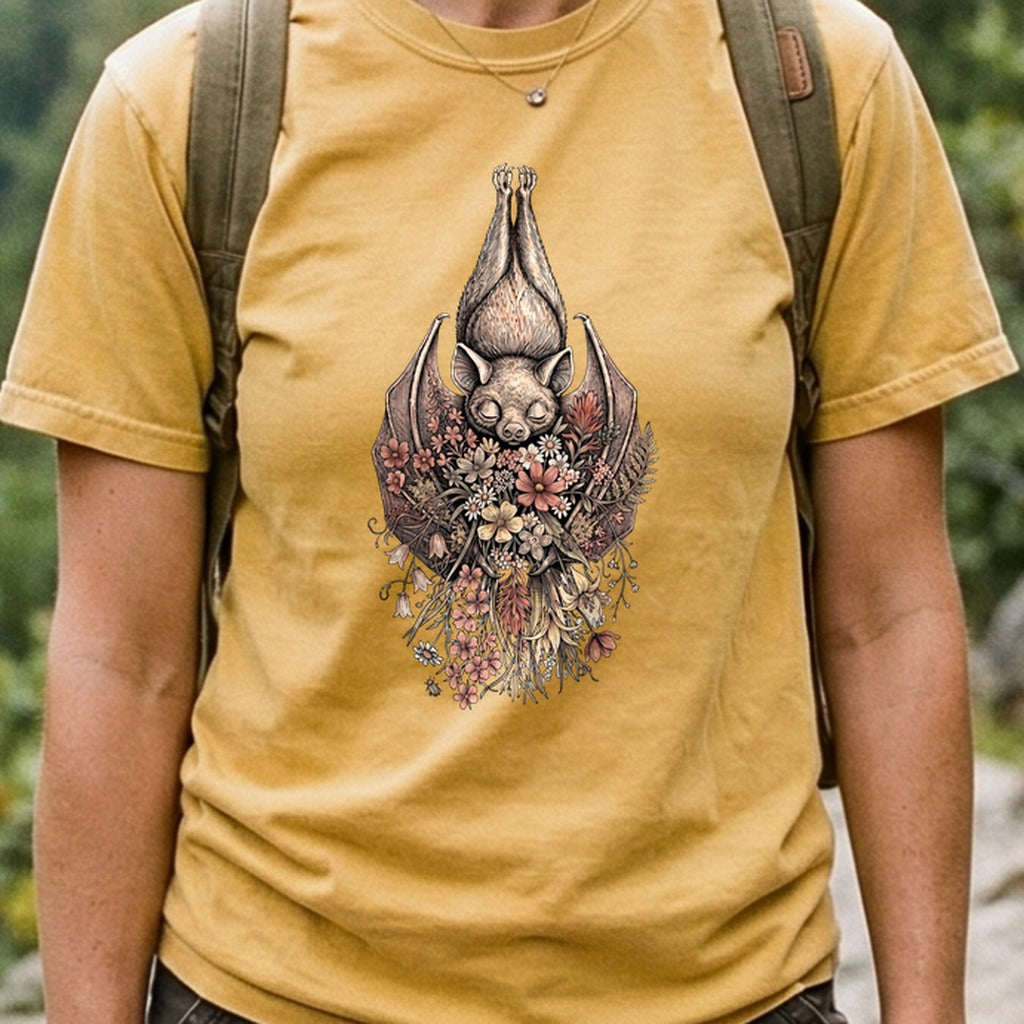 Hanging Bat Holding Flowers Cotton T-Shirt