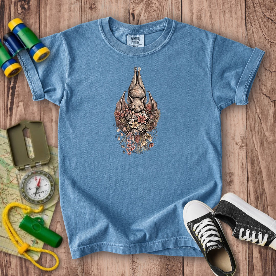 Hanging Bat Holding Flowers Kids Cotton T-Shirt