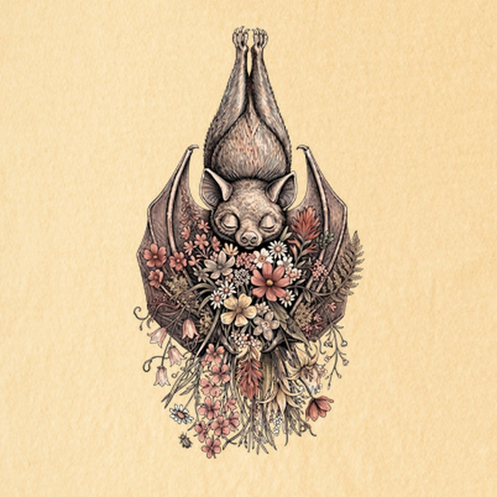 Hanging Bat Holding Flowers Kids Cotton T-Shirt