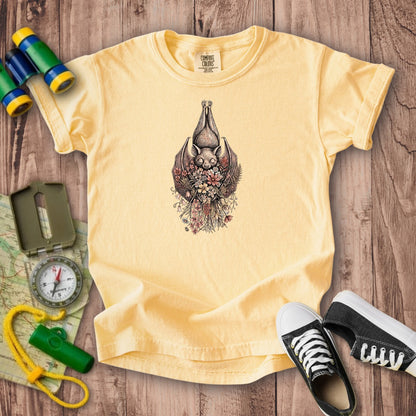 Hanging Bat Holding Flowers Kids Cotton T-Shirt
