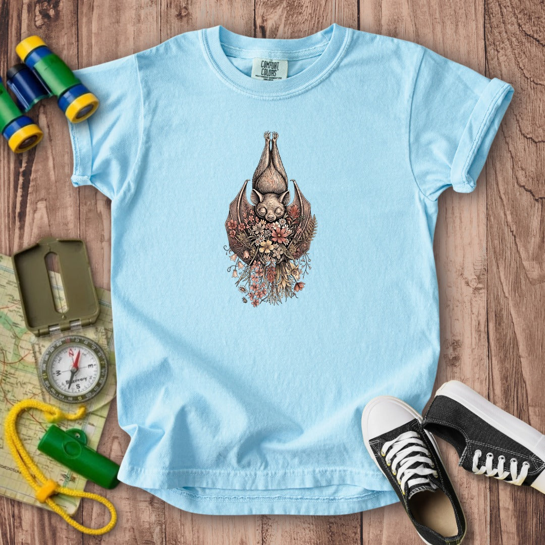 Hanging Bat Holding Flowers Kids Cotton T-Shirt
