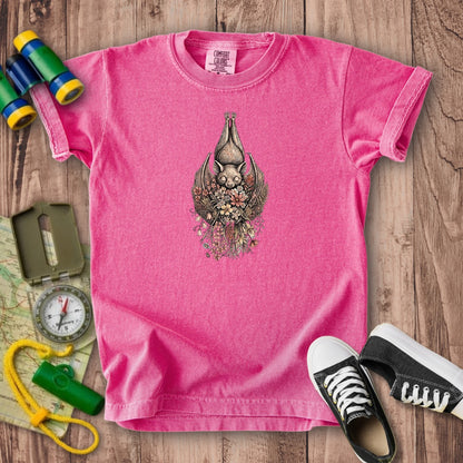 Hanging Bat Holding Flowers Kids Cotton T-Shirt
