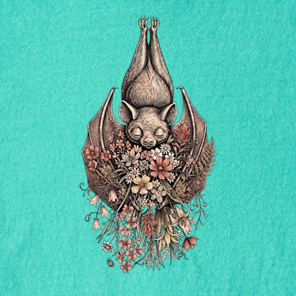 Hanging Bat Holding Flowers Kids Cotton T-Shirt