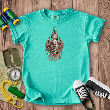 Hanging Bat Holding Flowers Kids Cotton T-Shirt