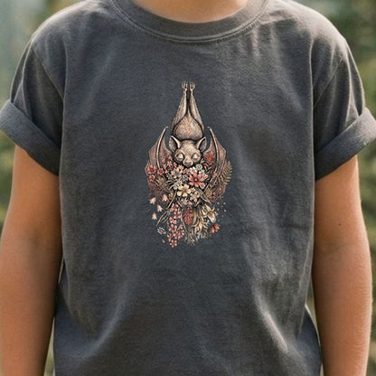 Hanging Bat Holding Flowers Kids Cotton T-Shirt