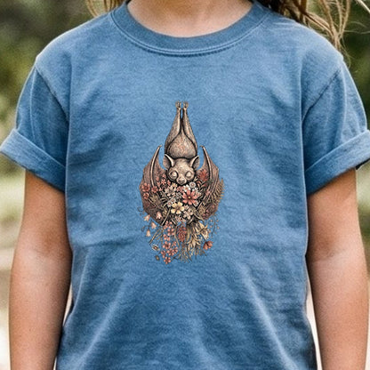 Hanging Bat Holding Flowers Kids Cotton T-Shirt