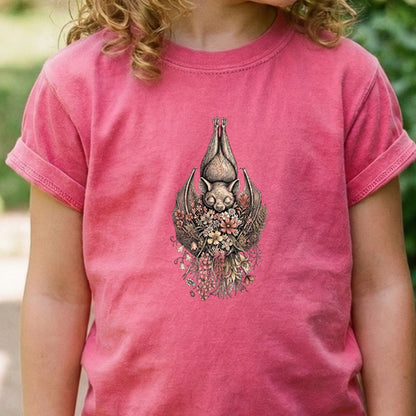 Hanging Bat Holding Flowers Kids Cotton T-Shirt