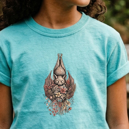 Hanging Bat Holding Flowers Kids Cotton T-Shirt