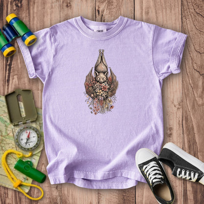 Hanging Bat Holding Flowers Kids Cotton T-Shirt