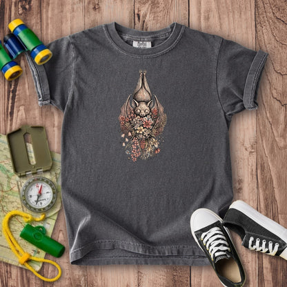 Hanging Bat Holding Flowers Kids Cotton T-Shirt