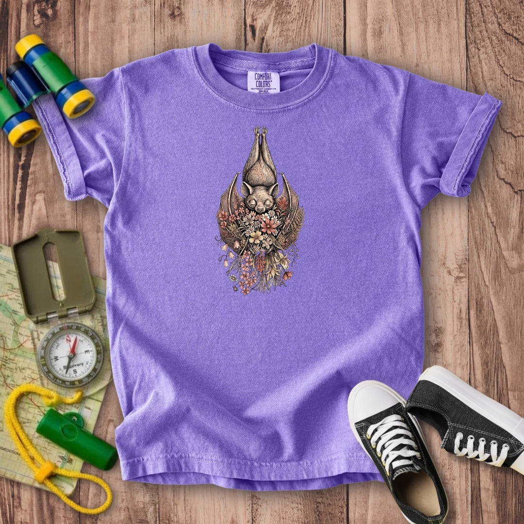 Hanging Bat Holding Flowers Kids Cotton T-Shirt