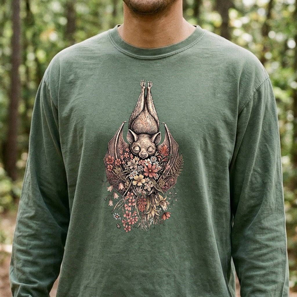 Hanging Bat Holding Flowers Premium Long Sleeve