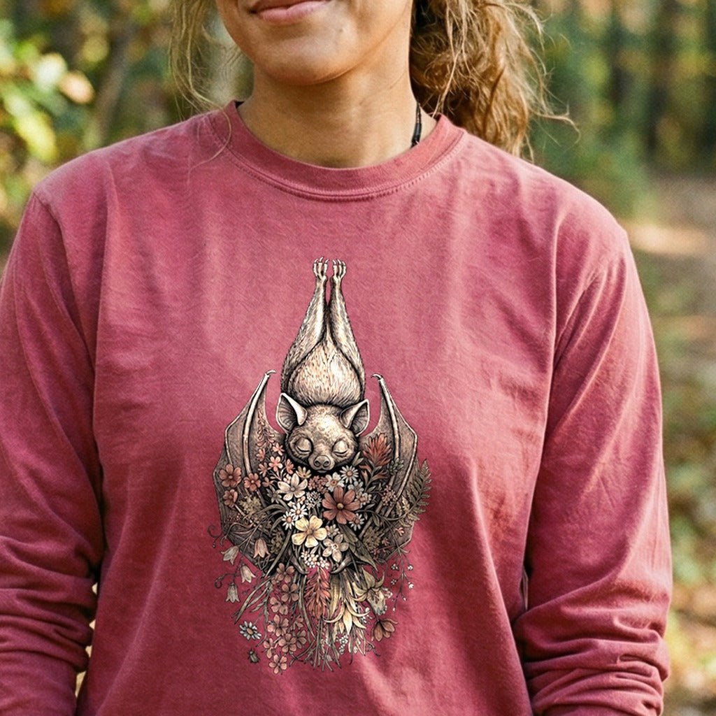 Hanging Bat Holding Flowers Premium Long Sleeve