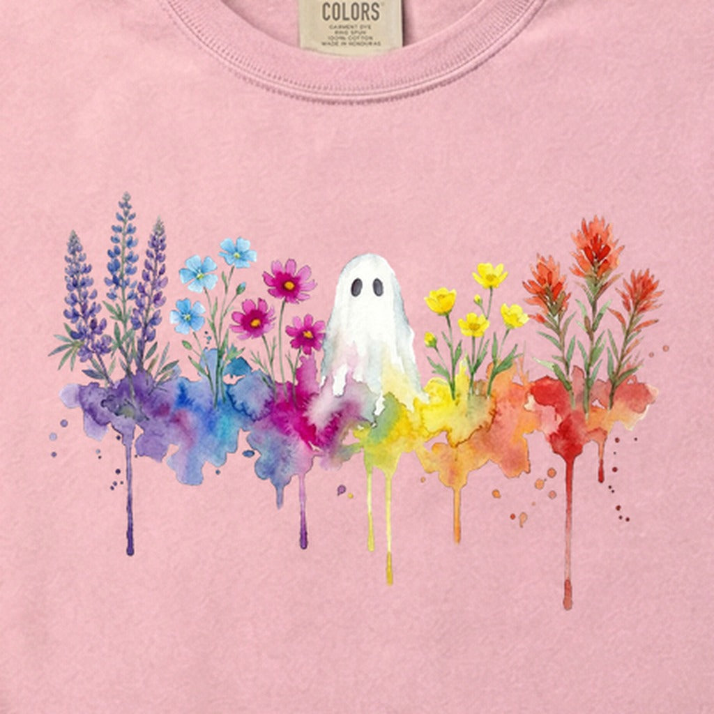 Halloween Ghost Watercolor Wildflowers Cotton T-Shirt